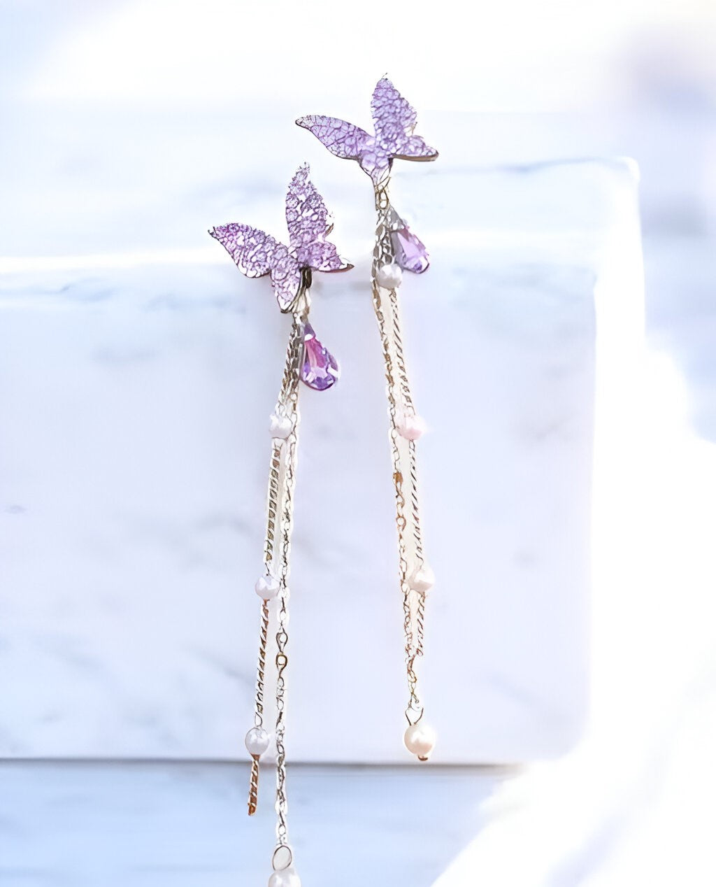 Lavender Butterfly Drop Earrings